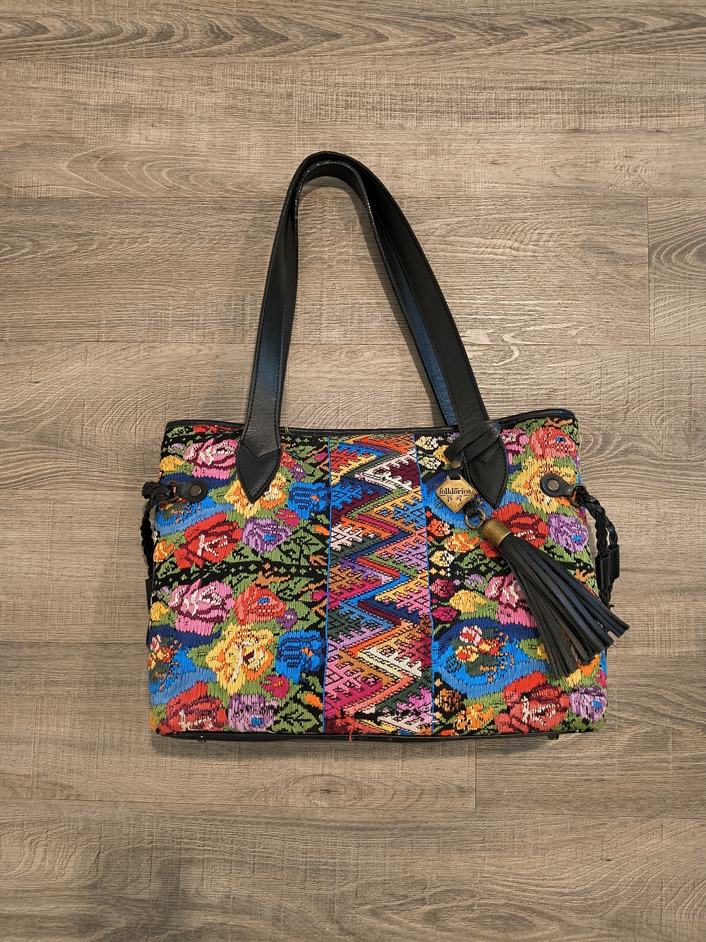 Peruvian Handwoven Multicolor Floral Tote with Black Leather Handles